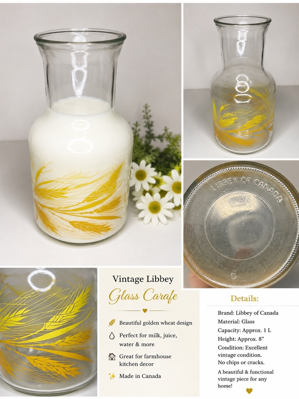 Vintage Glass Carafe with Golden Wheat Design